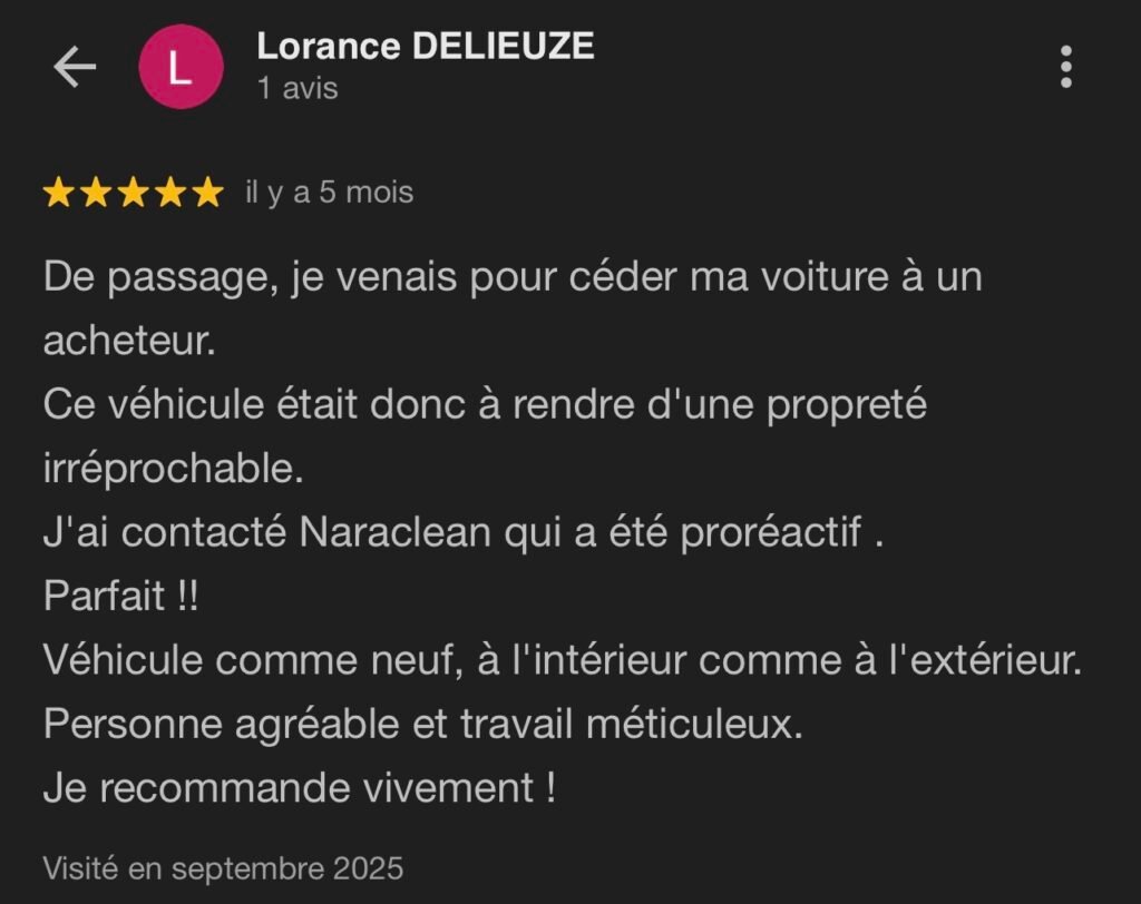 Avis client nettoyage auto à domicile Lille NaraClean