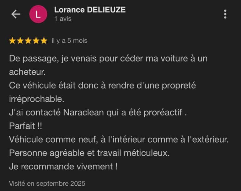 Avis client nettoyage auto à domicile Lesquin NaraClean