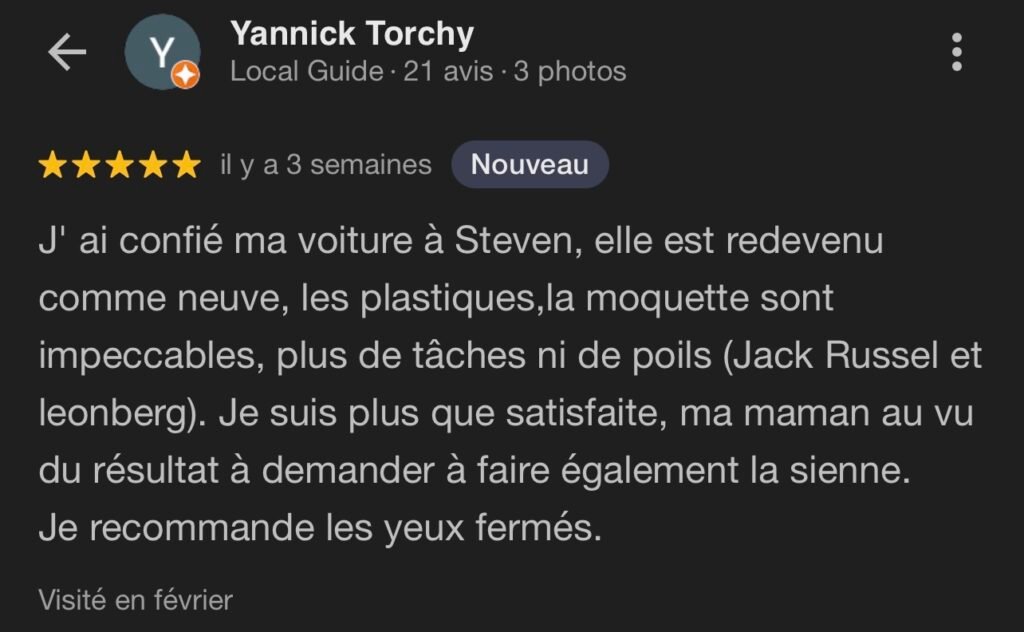 Avis client nettoyage auto à domicile Lille NaraClean