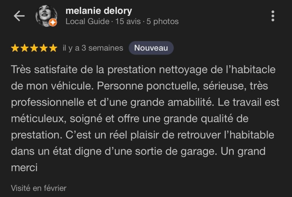 Avis client nettoyage auto à domicile Lille NaraClean