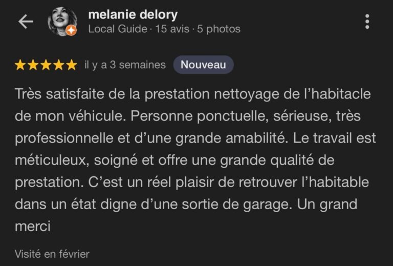 Avis client nettoyage auto à domicile Merville NaraClean