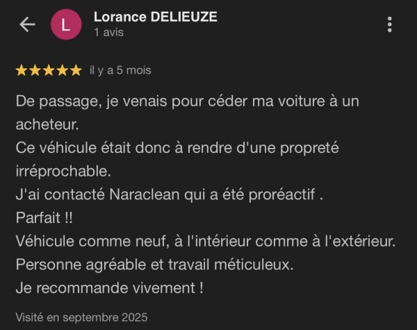 Avis client nettoyage auto à domicile Lesquin NaraClean