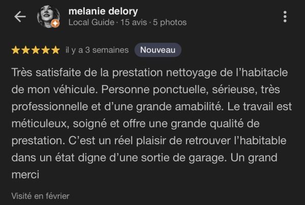 Avis client nettoyage auto à domicile Merville NaraClean